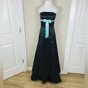 Jessica McClintock Black Strapless Dress with Teal Polka Dots and Blue Ribbon